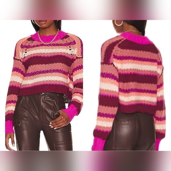 Free People Devon Open Knit Long Sleeve Chunky Oversized Sweater SMALL Fuchsia - Picture 1 of 10